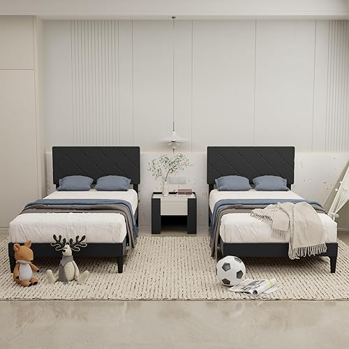 Miniatura 4 de Base de cama de tamaño individual con cabecera ajustable, plataforma tapizada de terciopelo, marcos de cama individual con fuerte soporte de