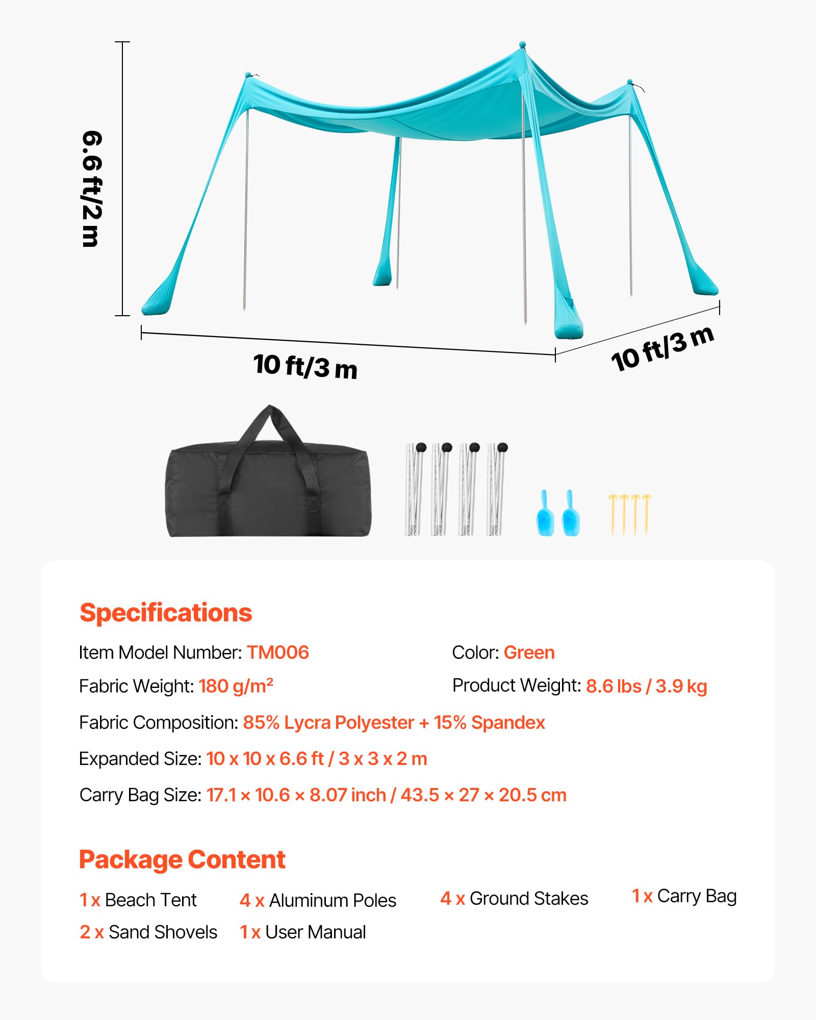 VEVOR Tienda de Playa Desplegable 3,0 x 3,0 m, Toldo de Playa Portátil, 2 m de Alto, Protección UPF 50+, 4 Polos con Sacos y Palas de Arena, Carpa Solar para Vacaciones Viajes Camping, Verde Turquesa