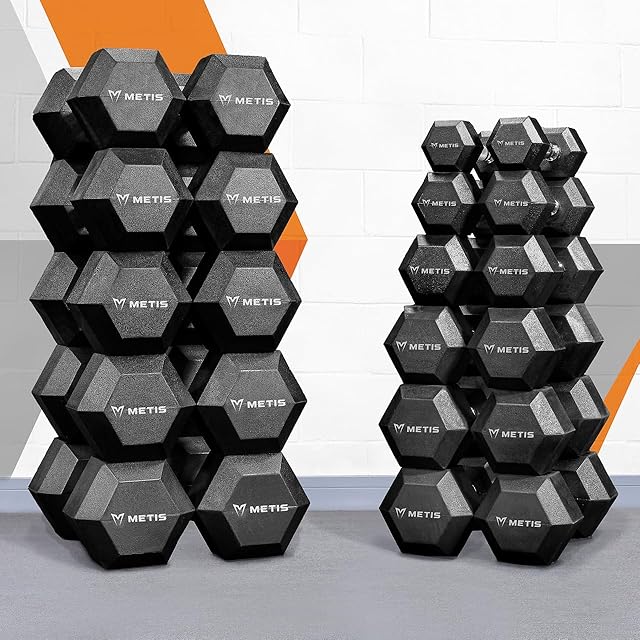 METIS Hex Dumbbells Set with Rack Strength Training Hand Weights | 2.5kg 50kg Options - Pairs| Home Gym Fitness | Hexagon Dumbbells Chrome Handles