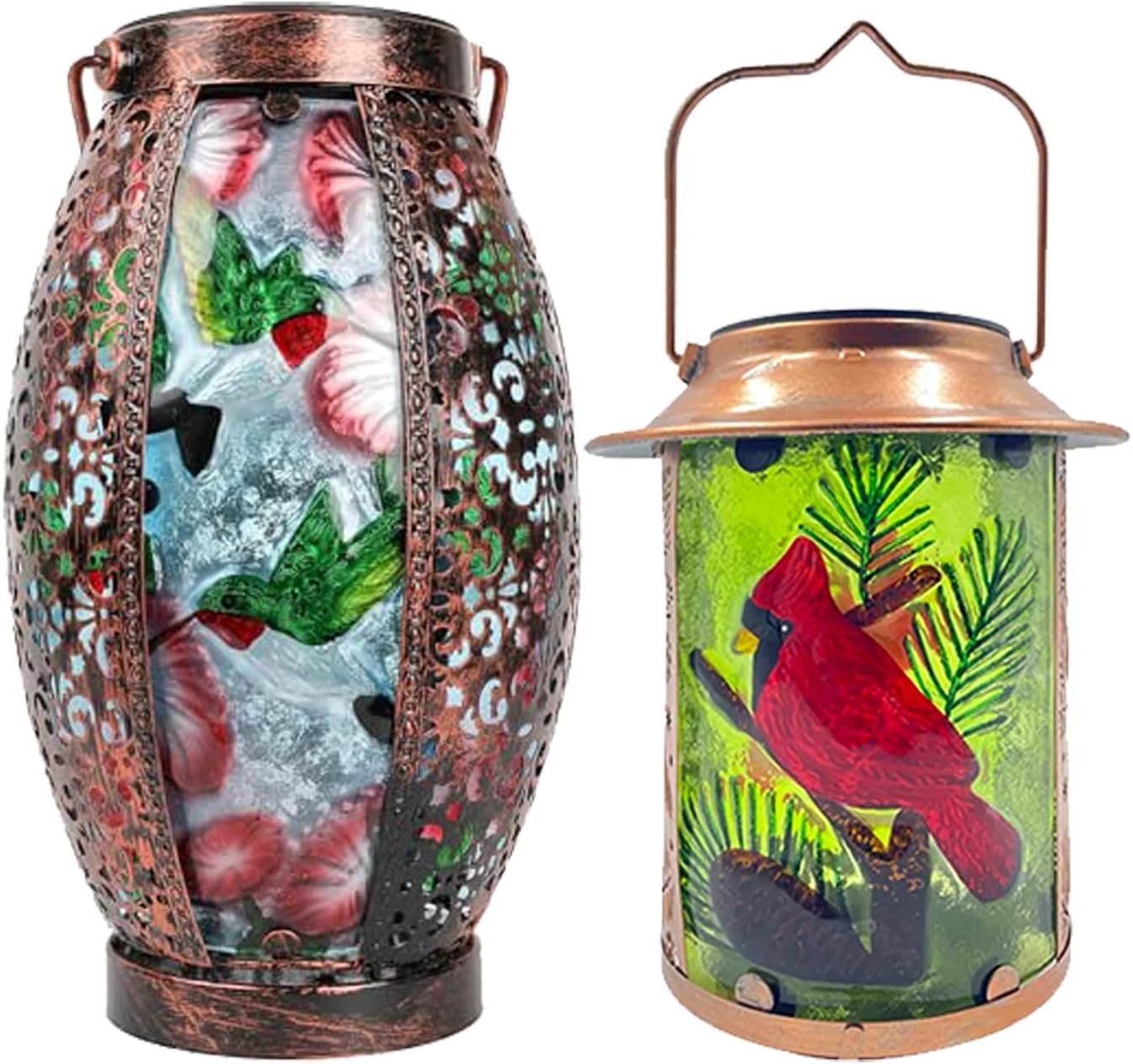 16" H Hummingbird Solar Lanterns + 10" H Cardinal Solar Lanterns Outdoor Waterproof Tabletop Light with Hollowed-Out Design for Garden Patio Table Decor Christmas Gifts