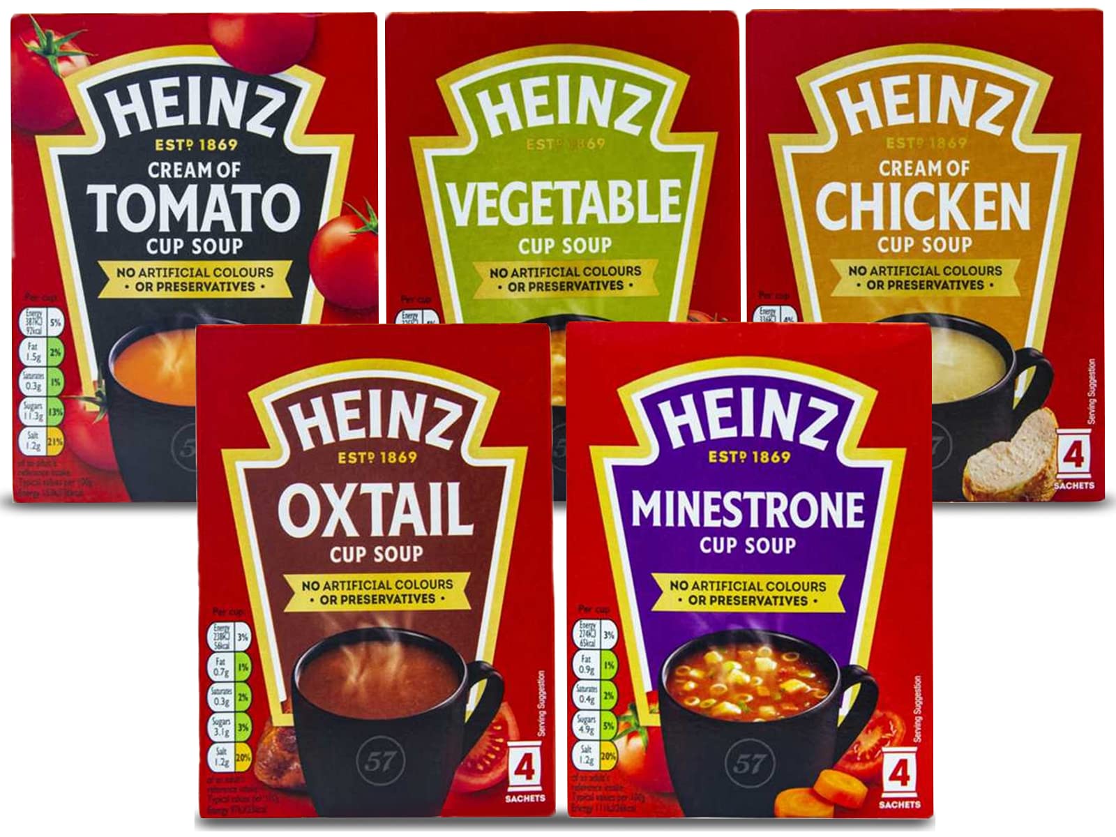 Heinz Cup - Confezione da 5 pezzi | Crema di pomodoro, verdura, pollo, minestrone, coda di bue | 4 bustine ognuna