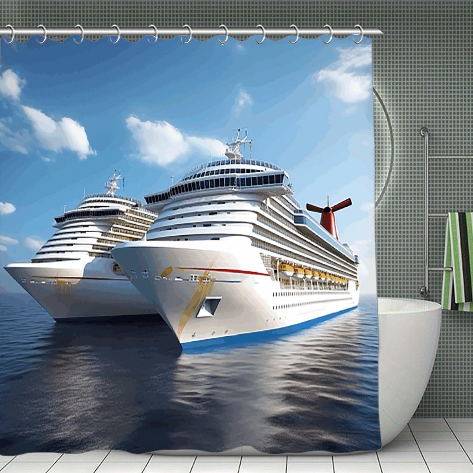FekiLoot Cruise Ship Shower Curtain with Hooks Modern Farmhouse Bathroom Curtain Waterproof Cloth Bath Curtains Cute Washable Blackout Privacy Curtains for Bathroom Bathtub 70.8"x70.8"