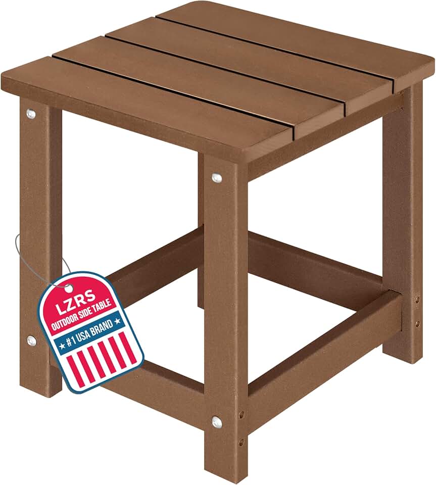 LZRS Patio Side Table, Heavy Duty HDPE Outdoor End Table with Wood Texture, Weatherproof Composite Table for Adirondack Chairs, Deck, Pool, Indoor/Outdoor, No Peeling or Cracking(Brown)