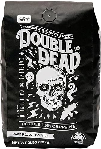 Raven's Brew Coffee - Double Dead - Tostado oscuro, cafeína naturalmente alta (grano entero, 2 lb)