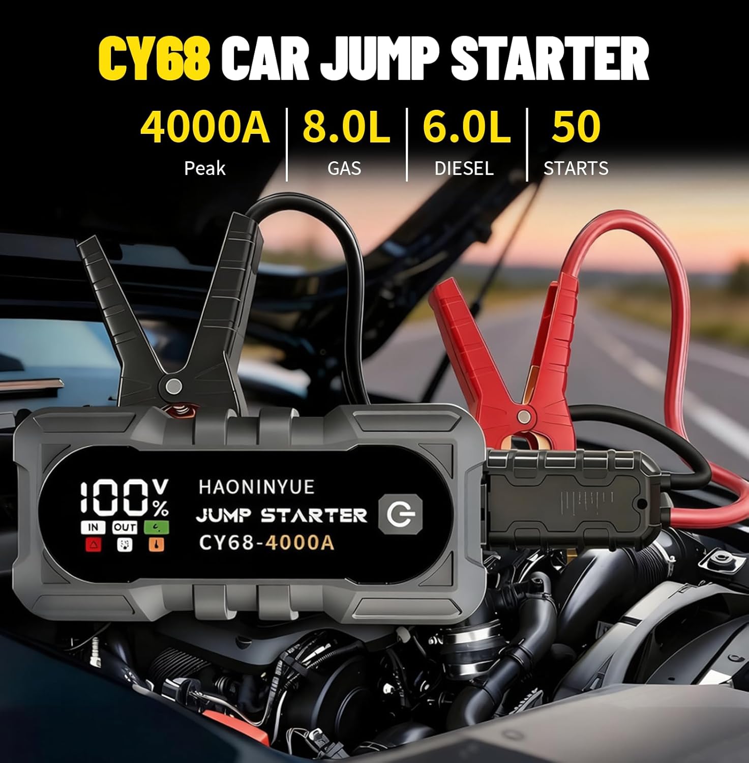 CY68 4000A Car Battery Jumper Starter,12V Portable car Jump Starter,Power Bank with Jumper Cables,Jumper Box with USB Ports LED Light,Suitable for 8.0L Gasoline Engines and 6.0L Diesel Engines