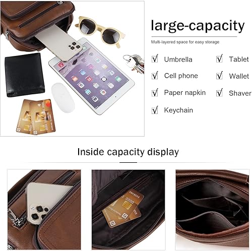 Vista 5 de KUANG! Bolso de hombro para hombre, de piel sintética, bolso de mensajero de negocios, maletín de viaje, cruzado con múltiples bolsillos