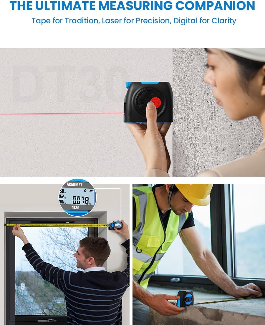 ACEGMET DT30 Digital Laser Tape Measure with Backlit LCD Screen, 131ft Rechargeable Laser Measurement Tool & 16ft Measuring Tape, 6 Units Selectable, for Distance/Area/Volume