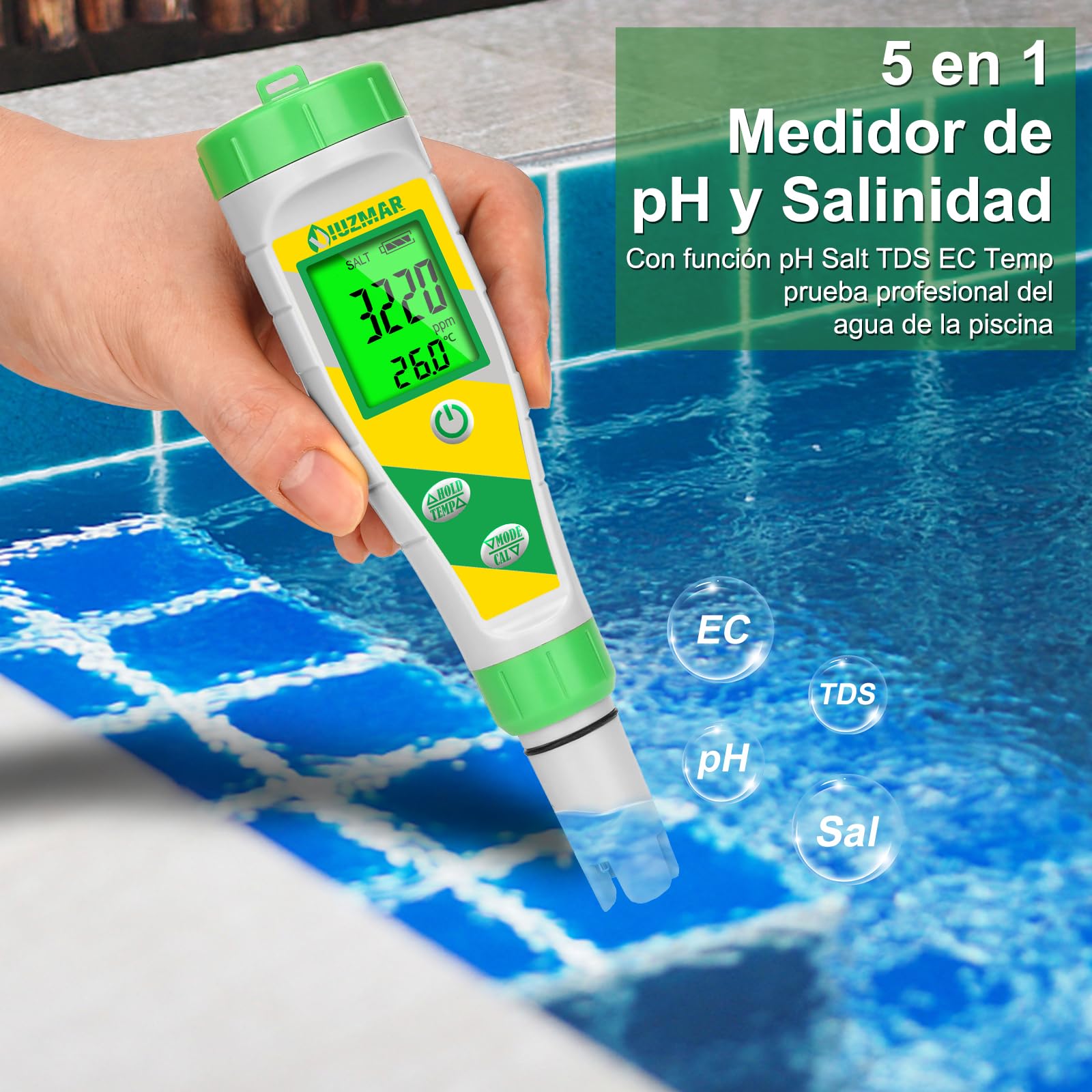 UIUZMAR Medidor de pH y Sal Piscina Salina, Test de Salinidad para Piscinas, Pantalla Digital 5 en 1, Medidor de pH TDS EC Salinidad Temperatura Para Piscina, Hidropónico, Acuario, Agua Potable, Spa