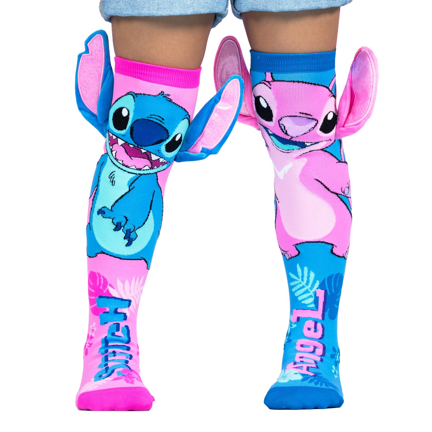 Madmia Chaussettes Stitch Hawaii : chaussettes colorées avec applications 3D, pour enfants et adultes de 6 à 99 ans (29014MM), Bleu/rose, 6-99