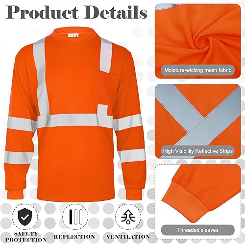 Miniatura 10 de Amylove 4 piezas de camisa de seguridad de manga larga de alta visibilidad, reflectante, para trabajo de construcción, para hombres y mujeres,