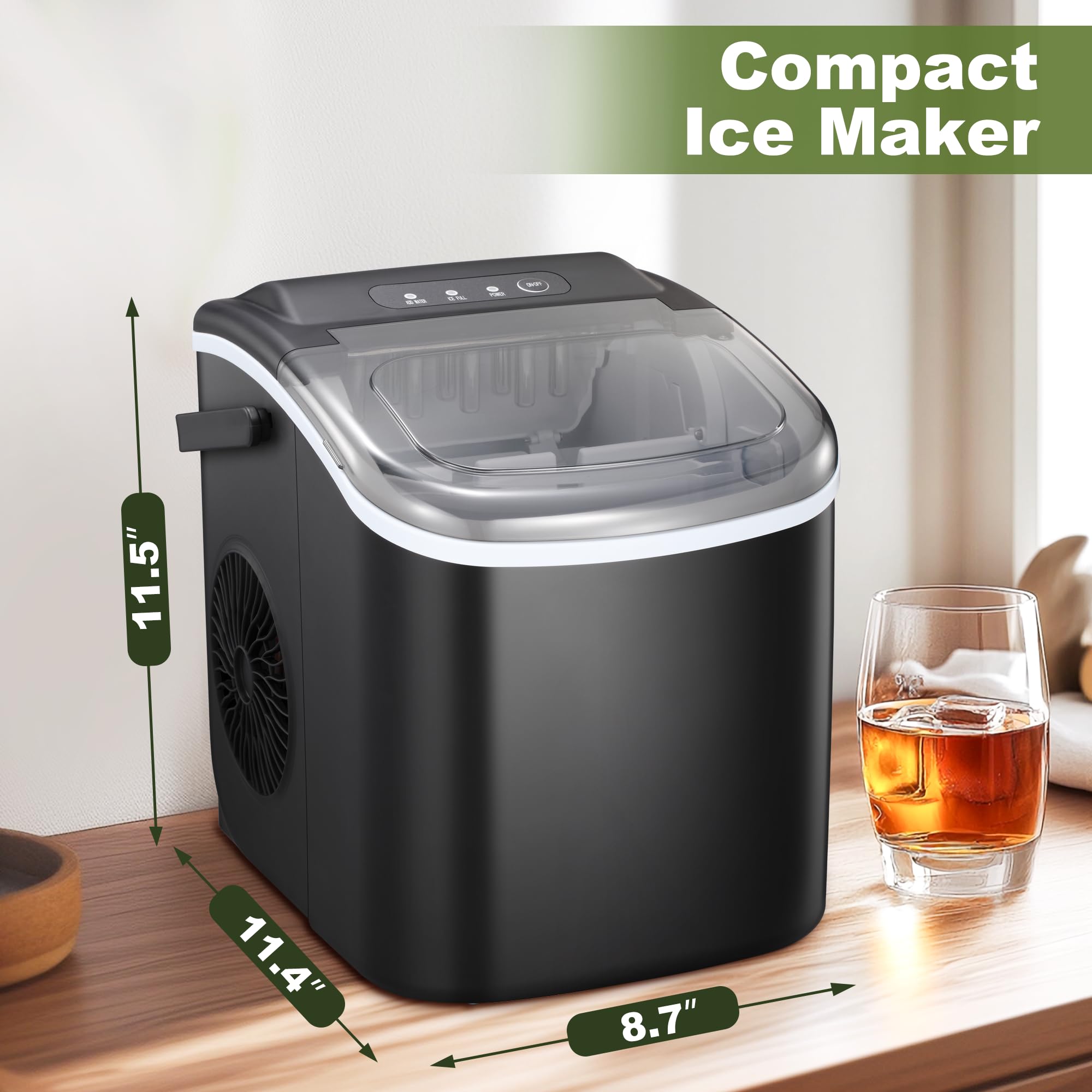 NicBex Ice Maker - Countertop Portable with Self-Cleaning, 26Lbs/24H, 9 Cubes in 6 Mins, 2 Sizes of Bullet Ice, All-Black on Fridge.com
