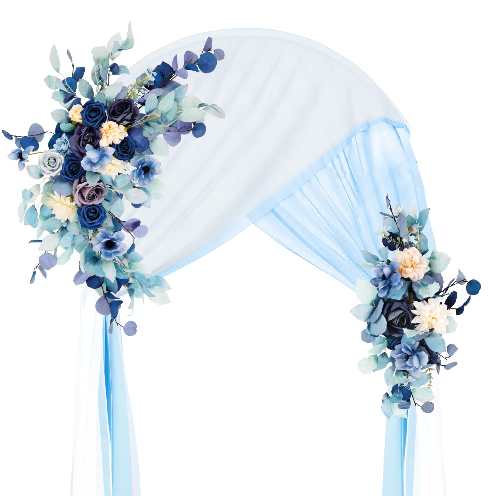 SOUTHGATE Artificial Wedding Arch Flowers Kit - Artificial Flowers for Decoration - 2pcs Blue White Flower Swag - and 2 pcs Semi-Sheer Chiffon Table Runner Swag for Wedding Ceremony Floral Decor