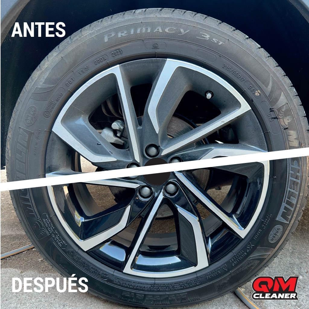 QM Cleaner Kit Limpieza y brillo de Llantas y Neumáticos para Coche | Incluye 500ml Limpia Llantas, 200ml Abrillantador de neumáticos, Cepillo y Esponja Kit completo Automovil