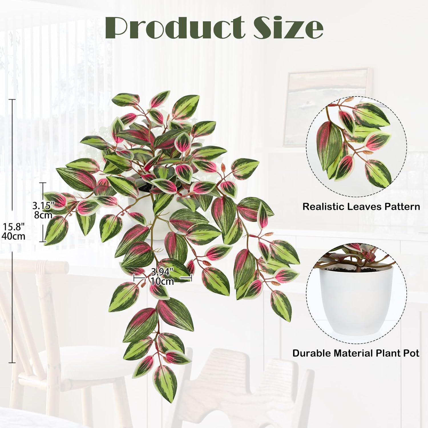 Briful Small Faux Plants Indoor Artificial Potted Silk Plants Fake Watermelon Peperomia Trailing Vine Plant for Home Office Bathroom Table Shelf Mantle Modern Decoration(Red Green- 1 Pack) - Image 2