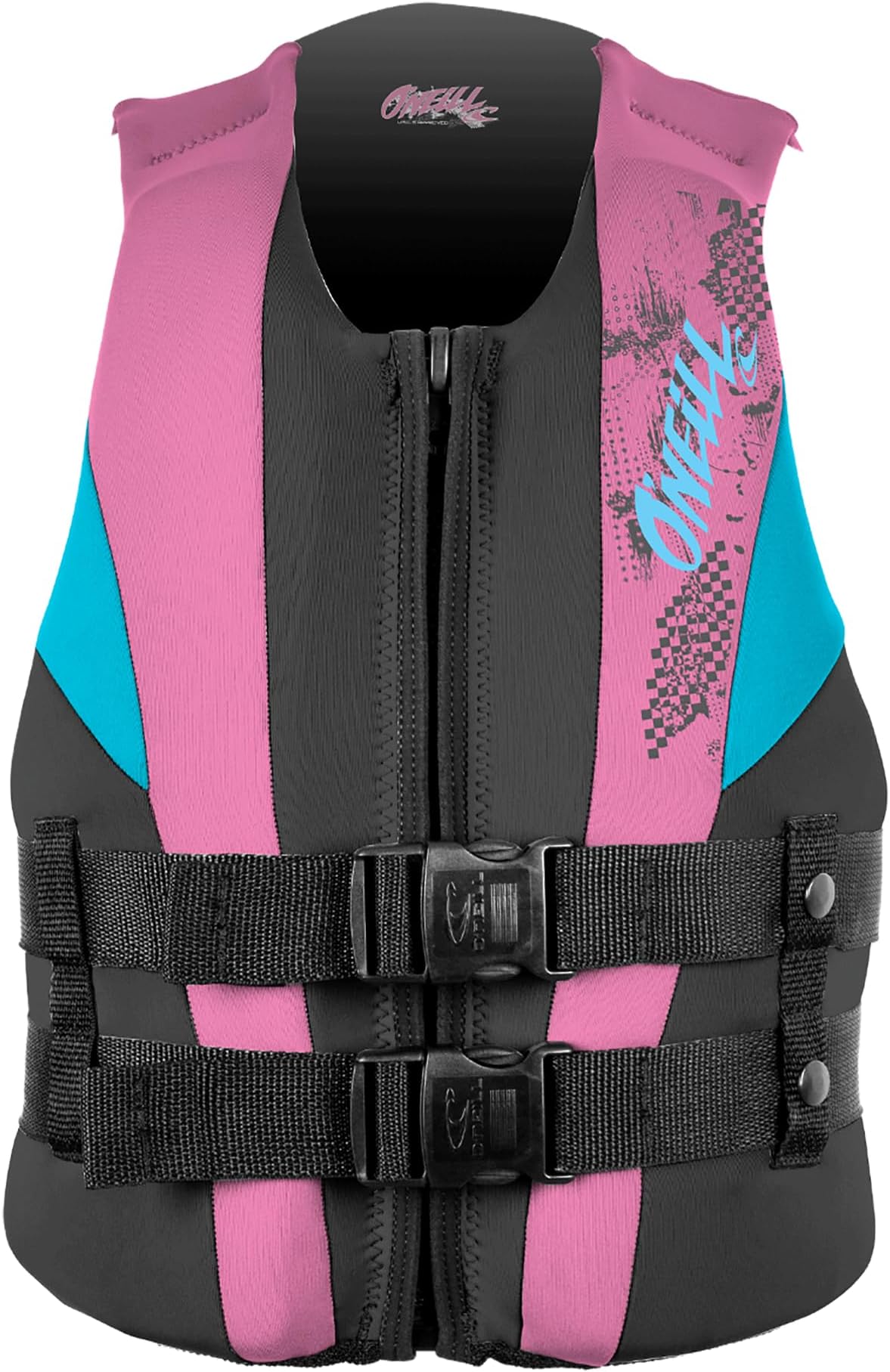 O'NEILL Youth Reactor USCG Life Vest, Black/Pink/Turqouise, 50-90 lbs