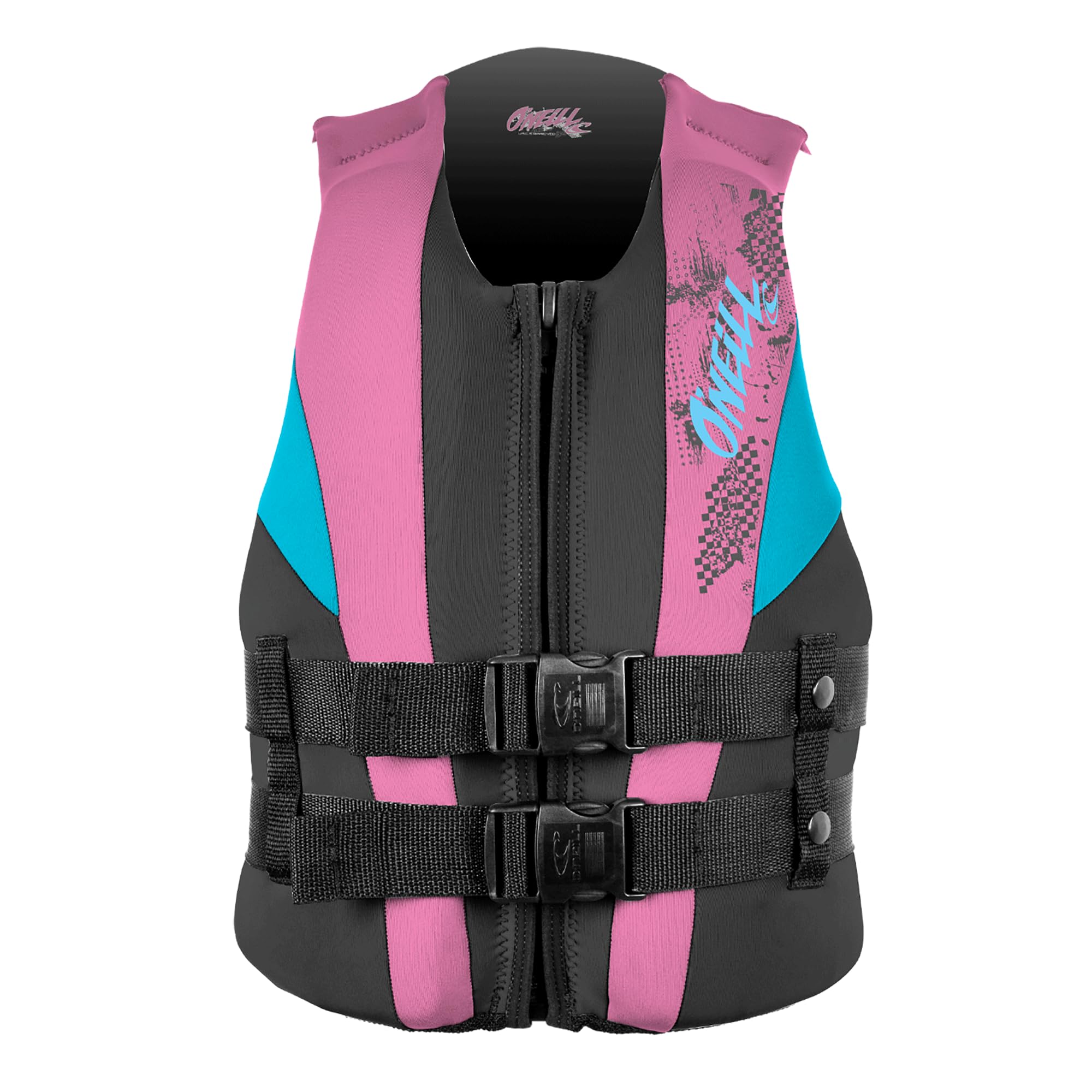 O'NEILL Youth Reactor USCG Life Vest, Black/Pink/Turqouise, 50-90 lbs
