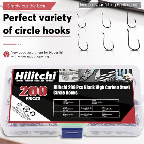 Miniatura 3 de Hilitchi 200 ganchos de pesca de 6 tamaños, diseño de punto compensado en acero de alto carbono, ganchos circulares para pesca de agua salada y agua