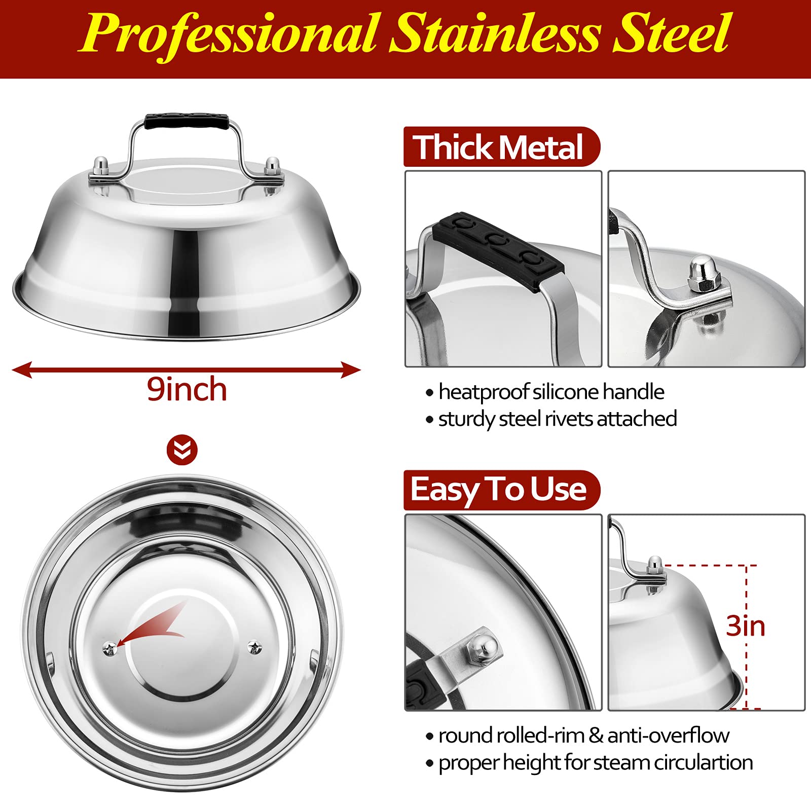 HaSteeL Cheese Melting Dome 12Inch & 9Inch, Stainless Steel Round Steaming Basting Cover Set, Heavy Duty Griddle Grill Accessories for Flat Top Griddle Teppanyaki BBQ Cooking Indoor & Outdoor - 3Packs