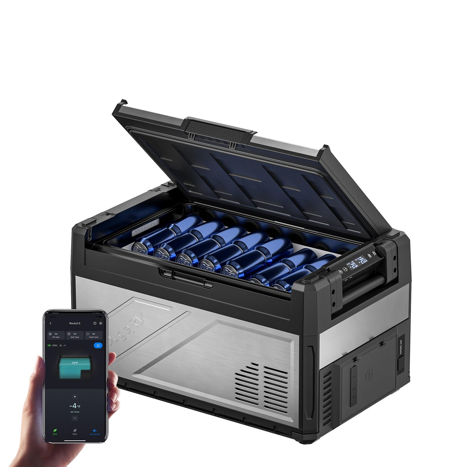 BougeRV Rocky V3.0 39L Frigorifero Auto con Freezer, Doppia Zona Compressore 12V 24V 230V Controllo App Metallo IPX4 Frigo per Camping Viaggi Barca Pesca, -20℃~20℃