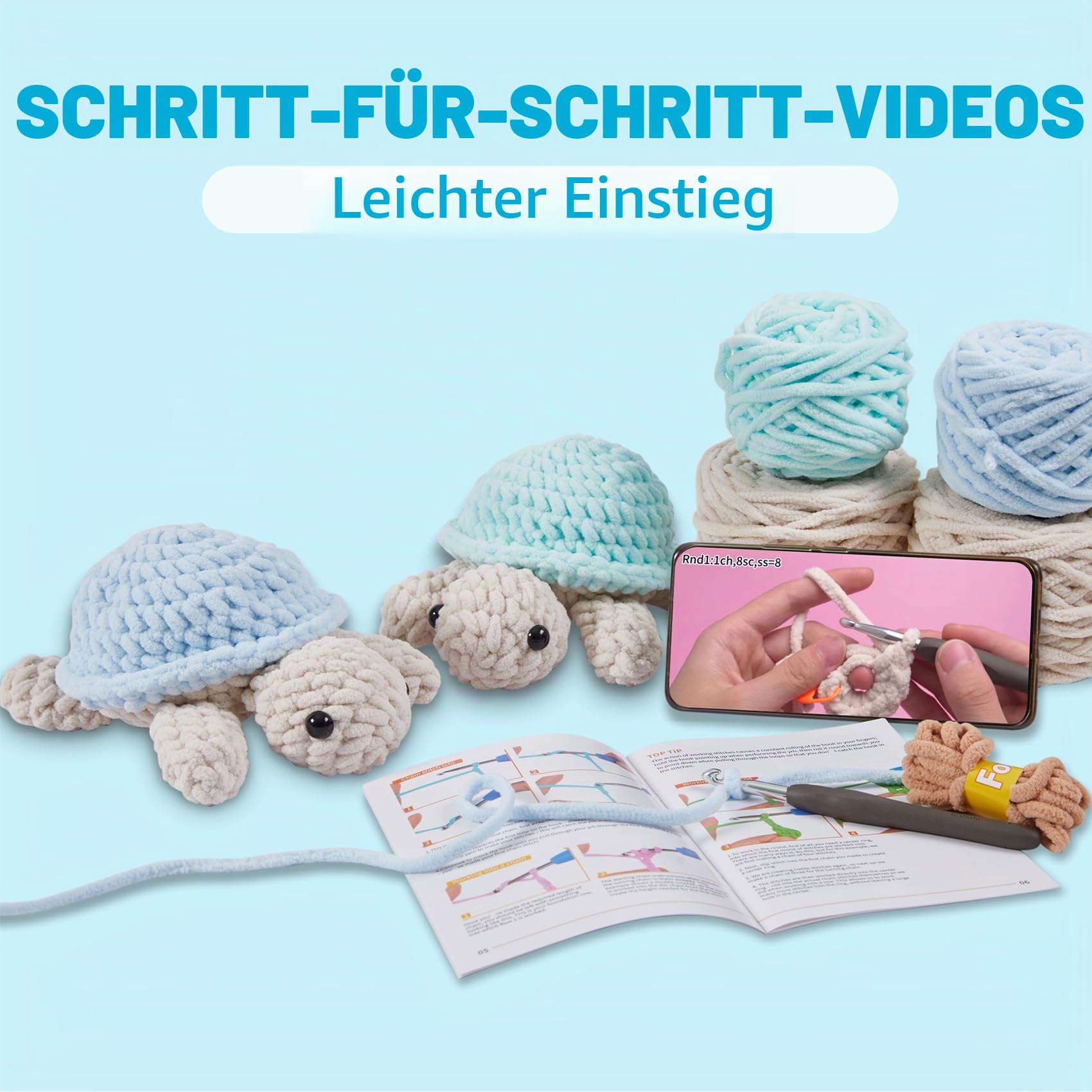Eelexa Häkelset für Anfänger, Amigurumi Häkeltier-Kits, mit Schritt-für-Schritt-Video-Tutorials für Kinder, Erwachsene, Anfänger, 2 Stück Schildkröten