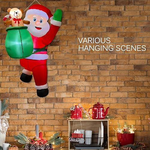 Miniatura 3 de BLOWOUT FUN Papá Noel inflable colgante de Navidad de 3.4 pies con bolsa de regalo, Papá Noel escalador inflable con LED integrado para fiesta de
