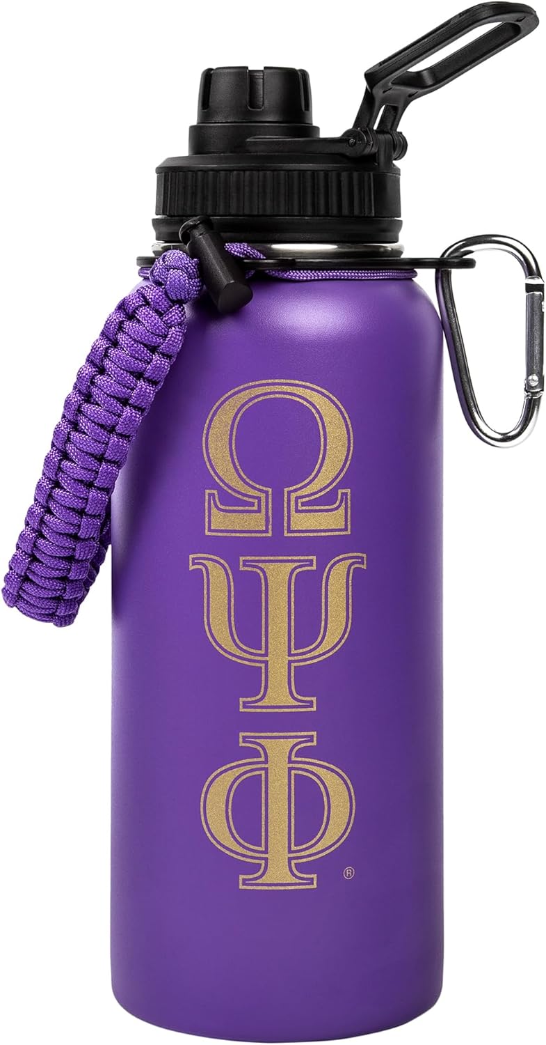 BBGreek Omega Psi Phi Fraternity Paraphernalia – Official Vendor – 32oz Rugged Tumbler with Paracord Carabiner - Greek Letters