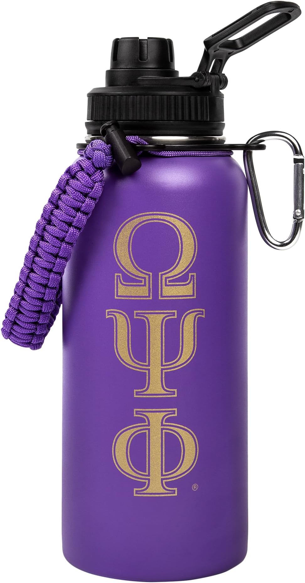 Bad Bananas BBGreek Omega Psi Phi Official Vendor - 32 oz Rugged Tumbler with Paracord Carabiner - Omega - Fraternity Paraphernalia