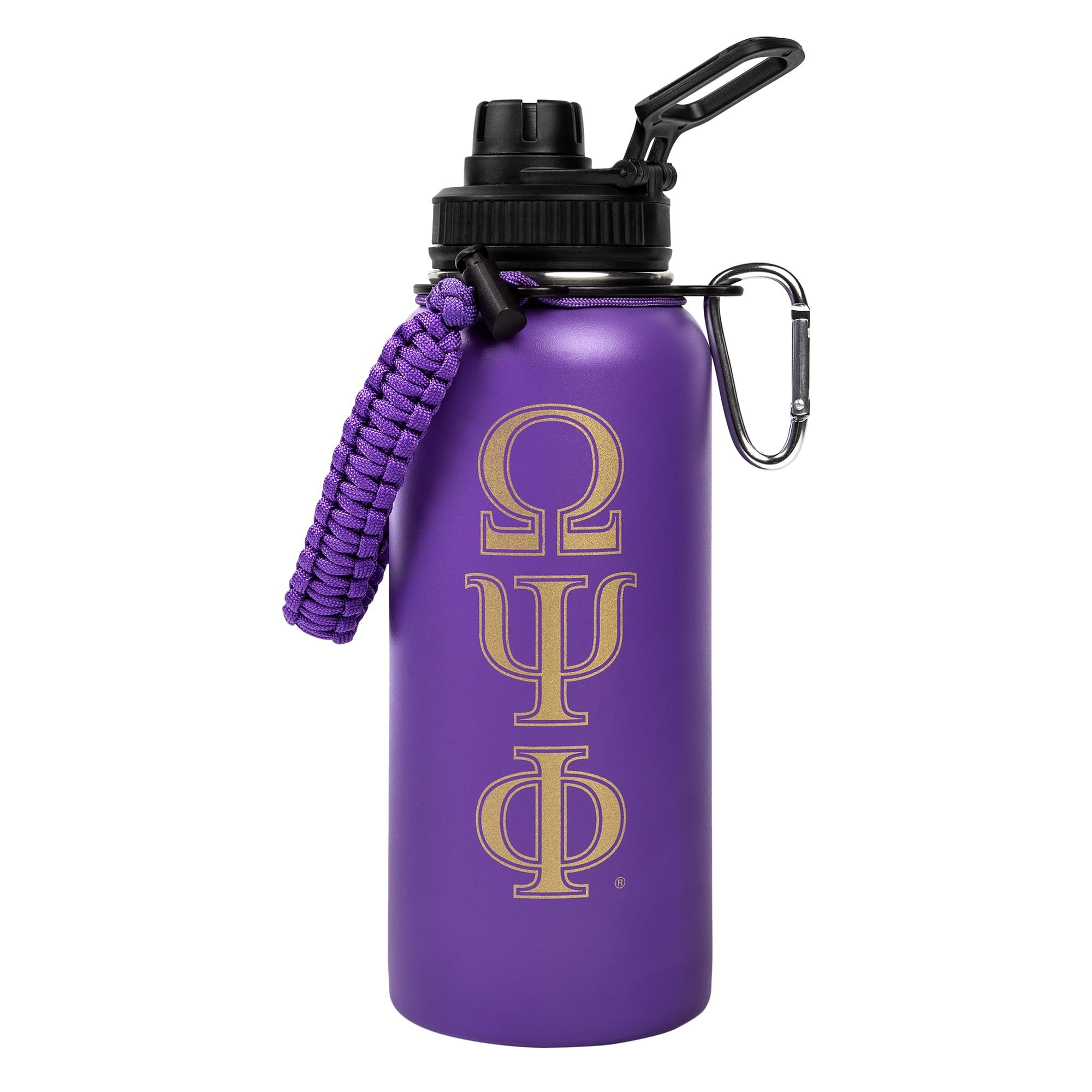 BBGreek Omega Psi Phi Fraternity Paraphernalia – Official Vendor – 32oz Rugged Tumbler with Paracord Carabiner - Greek Letters