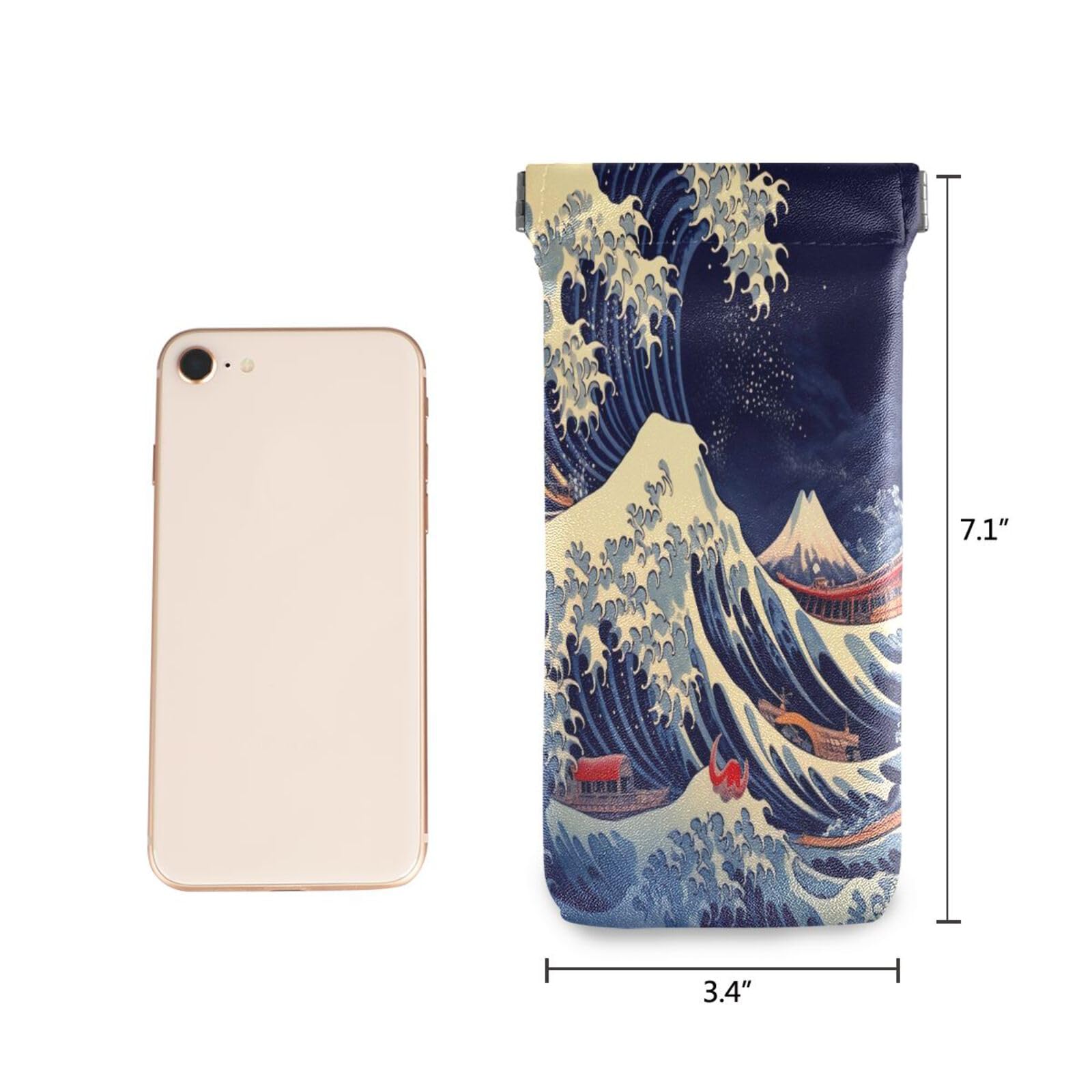 FLildon Japanese Sea Wave Eyeglasses Pouch Squeeze Top Sunglasses Case Soft PU Leather Eyeglass Bag for Men Women