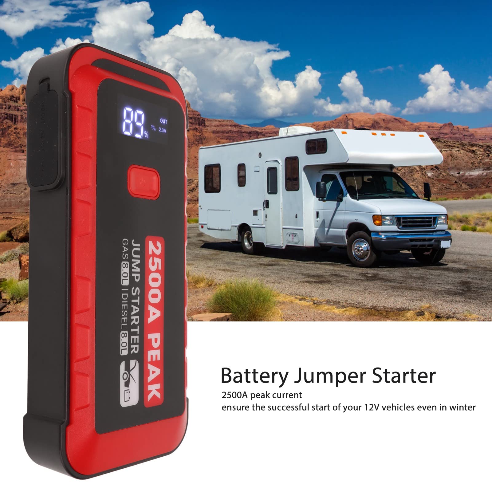 Jump Starter, 2500A 25800mAh Szybkie ładowanie Przenośna ładowarka Power Bank z Wyświetlaczem LCD, Wiele Trybów Oświetlenia, do Telefonów Komórkowych, Mp3, Mp4, Tablet. I Cyfrowa