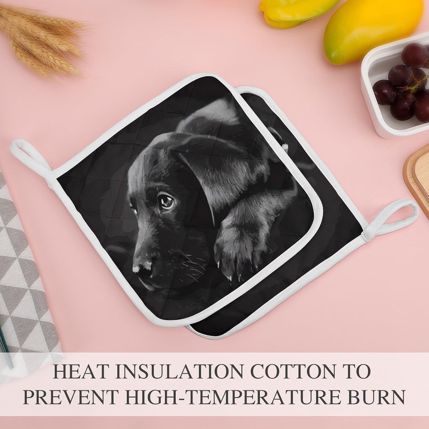Black Labrador Puppy Polyester Heat Resistant Pot Pad Non Slip Anti Scald Hot Dish Mat Reusable Table Protector for Kitchen Hot Pot Mat Wear Resistant Heat Proof Table Pad for Countertop Dining Room