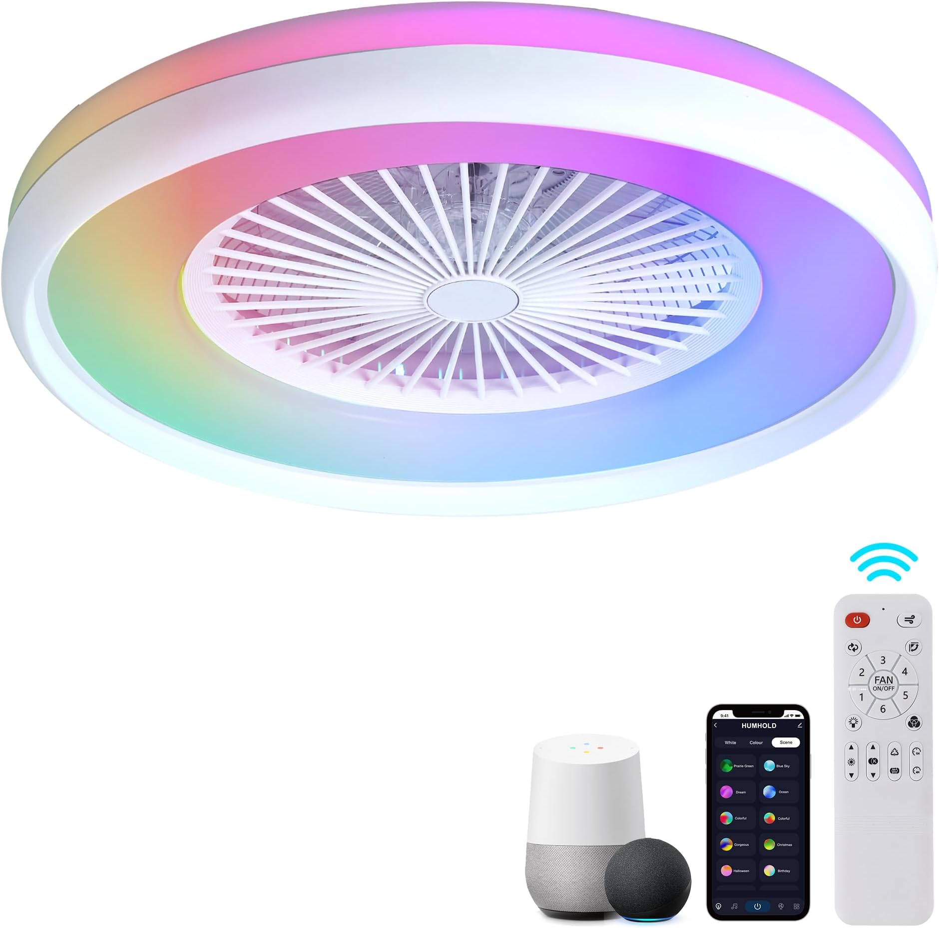 24" Bladeless Ceiling Fan with RGB Light Remote, Smart LED Ceiling Fans with Alexa/Google Assistant/App Control, Modern Low Profile Dimmable Light Ceiling Fan for Bedroom Living Room White