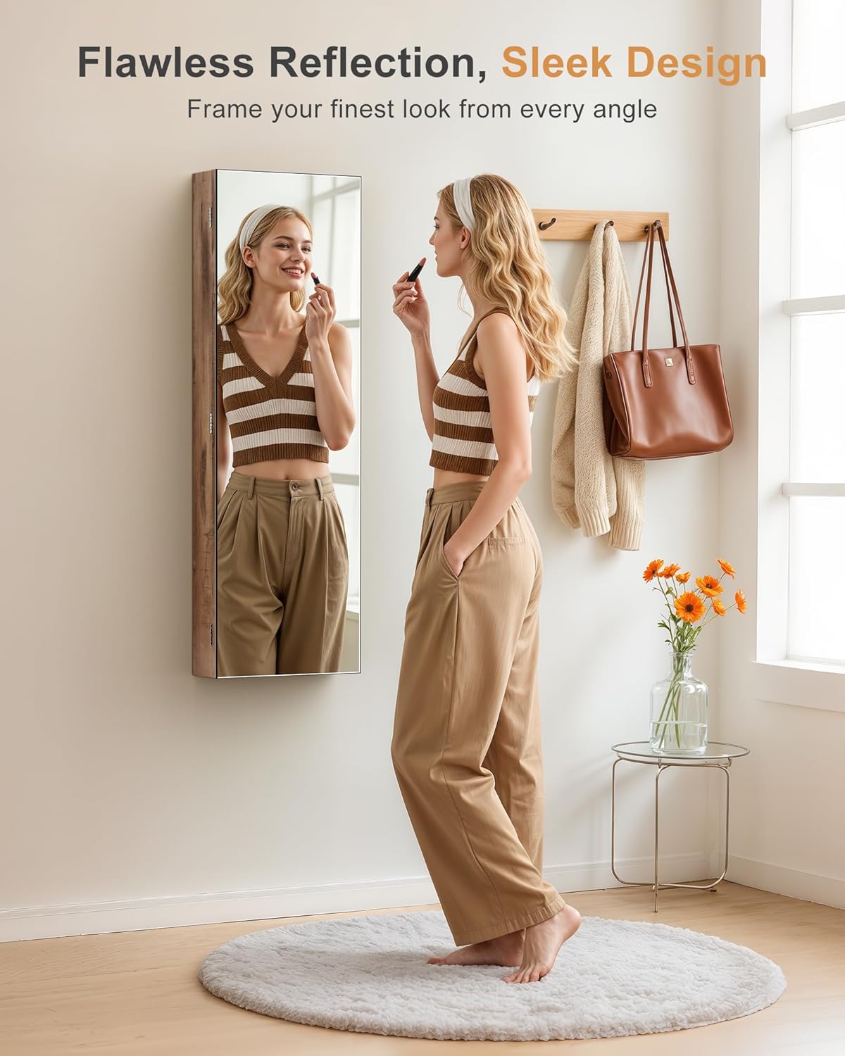 Nicetree Mirror Jewelry Cabinet, Jewelry Armoire with Full Length Mirror,Mirror with Jewelry Storage Wall/Door Mounted, Lockable Jewelry Armoire Organizer, Oak
