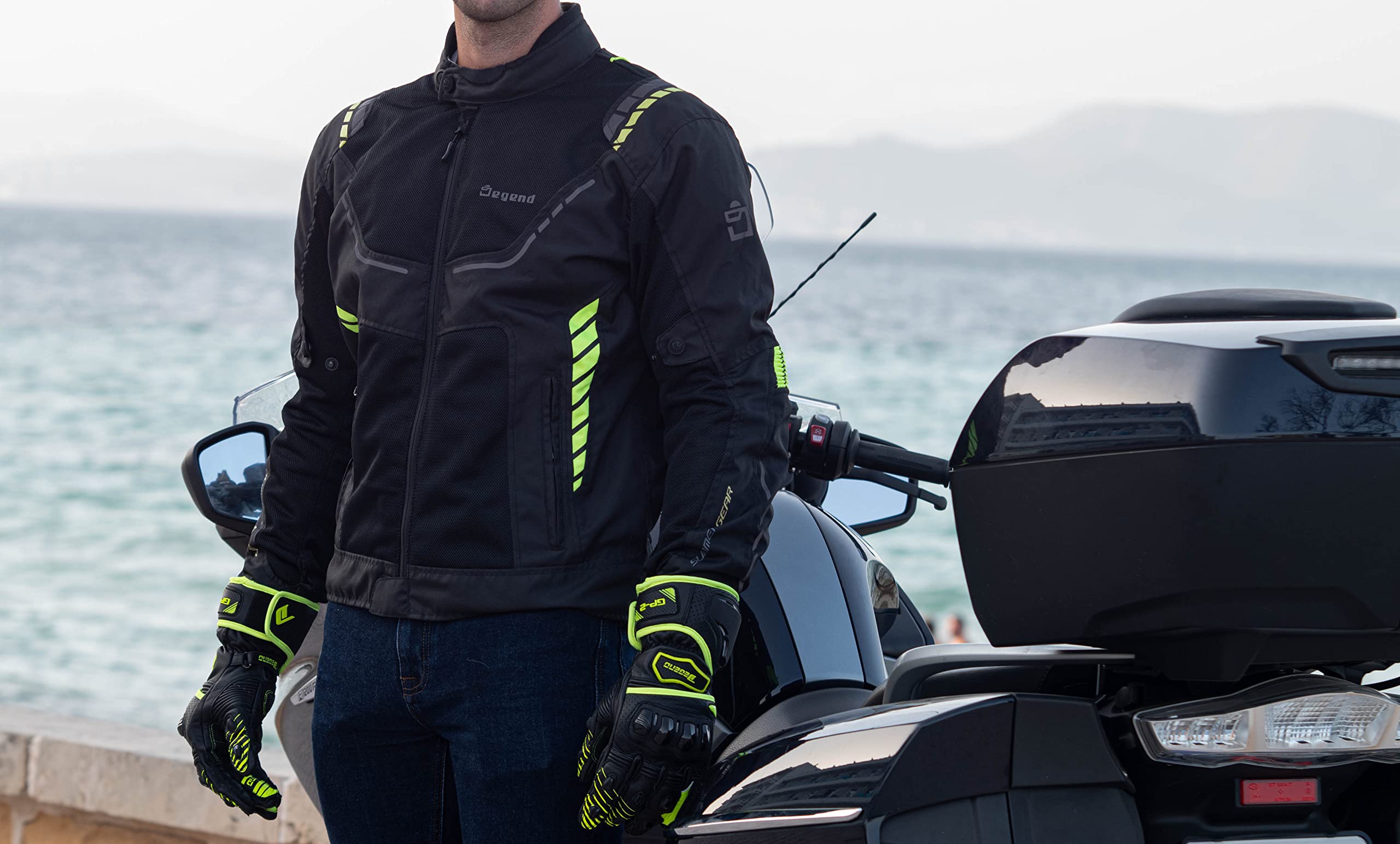 BREEZE EVO | Kurtka motocyklowa męska z ochroną - Oddychająca kurtka przeciwdeszczowa z wentylacją - Odzież motocyklowa - Kurtka Motera - Rozmiary (S-6XL), Czarny Fluor, 4XL