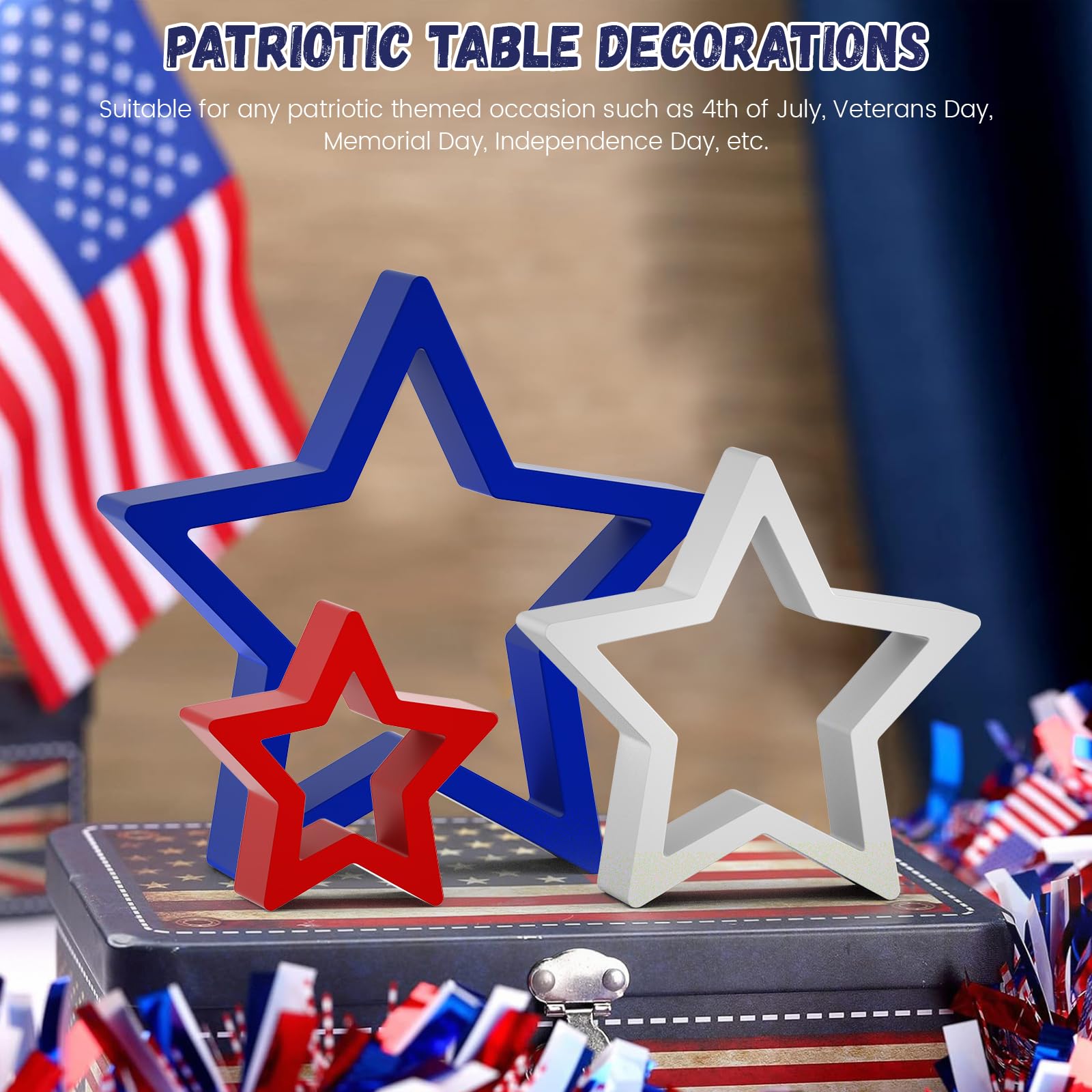 3pcs Independence Day Wooden Star Signs - Red, White, Blue Patriotic Table Decor, 4th Of July Centerpiece, Tiered Tray Decor