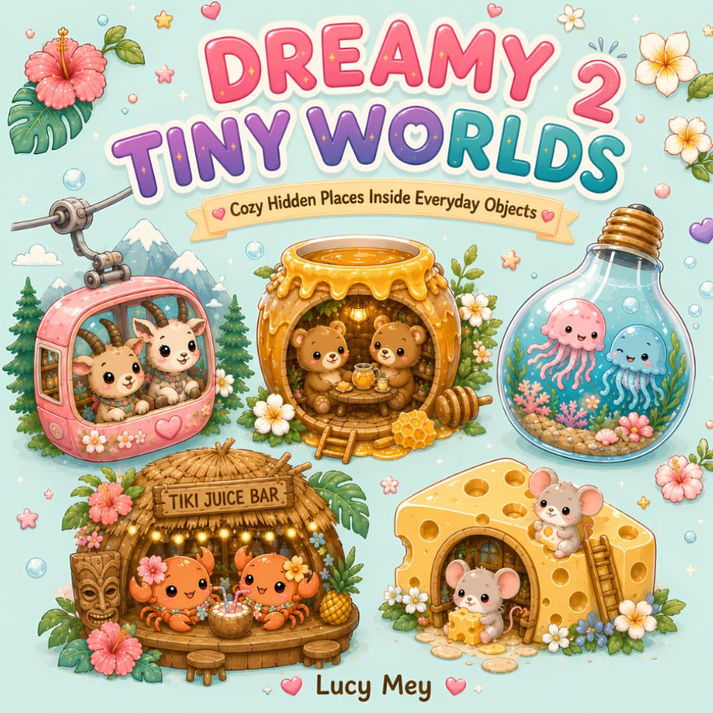 DREAMY TINY WORLDS 2: A Cozy Coloring Book of Hidden Places Inside Everyday Objects | Cute Animal Miniature Worlds for Relaxation and Stress Relief