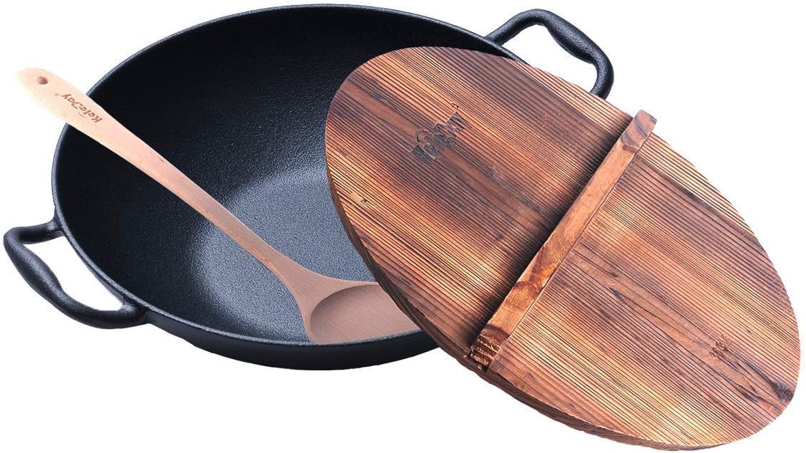 Pre-Seasoned HomeVss Cast Iron Deep Pan Deep Wok 14 inch With Wooden Lid and Wooden Turner