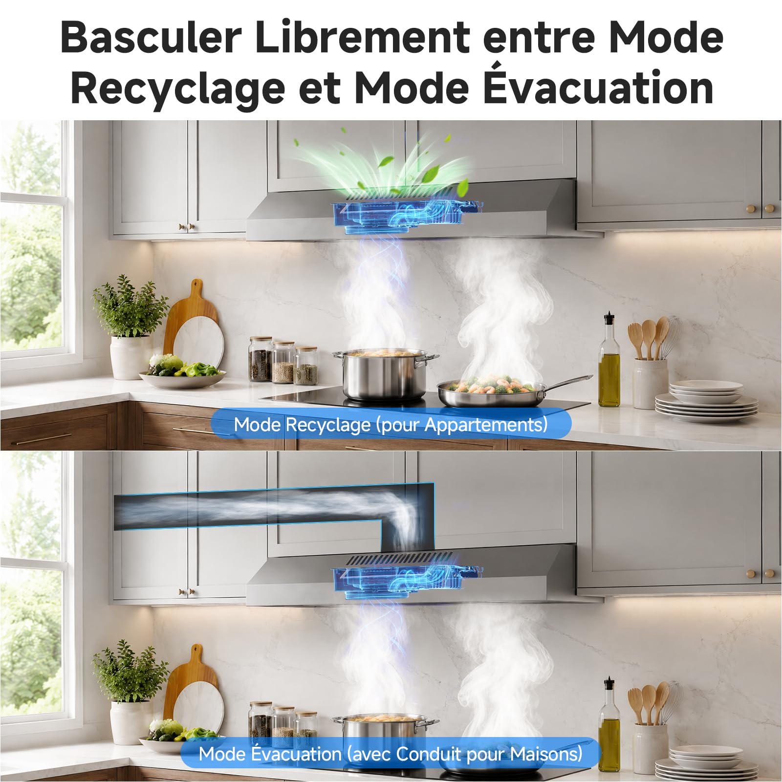 AAOBOSI A++ Hotte Aspirante 60cm, 3 Vitesses, 230m³/h Hotte Sans Evacuation, Évacuation ou Recyclage, Filtre au Charbon Inclus, Éclairage LED Acier Inoxydable Argenté