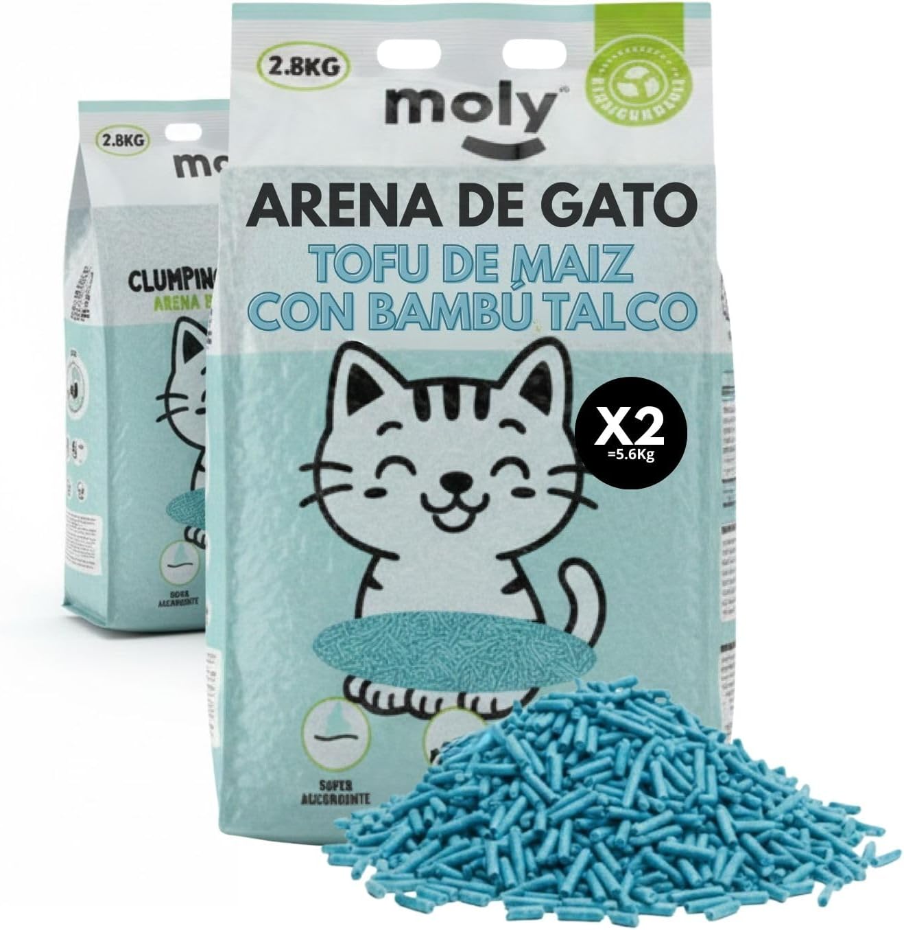 MOLY x2 Arena de Gatos Tofu de Maiz y Bambu 5,6 KG 7,4 L