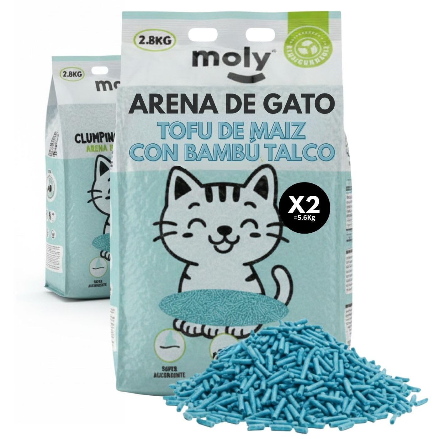 MOLY x2 Arena de Gatos Tofu de Maiz y Bambu 5,6 KG 7,4 L | Arena Biodegradable y Aglomerante Alta Absorcion con Aroma de Talco | Control Total de Olores | Sin Polvo | Lecho Mineral
