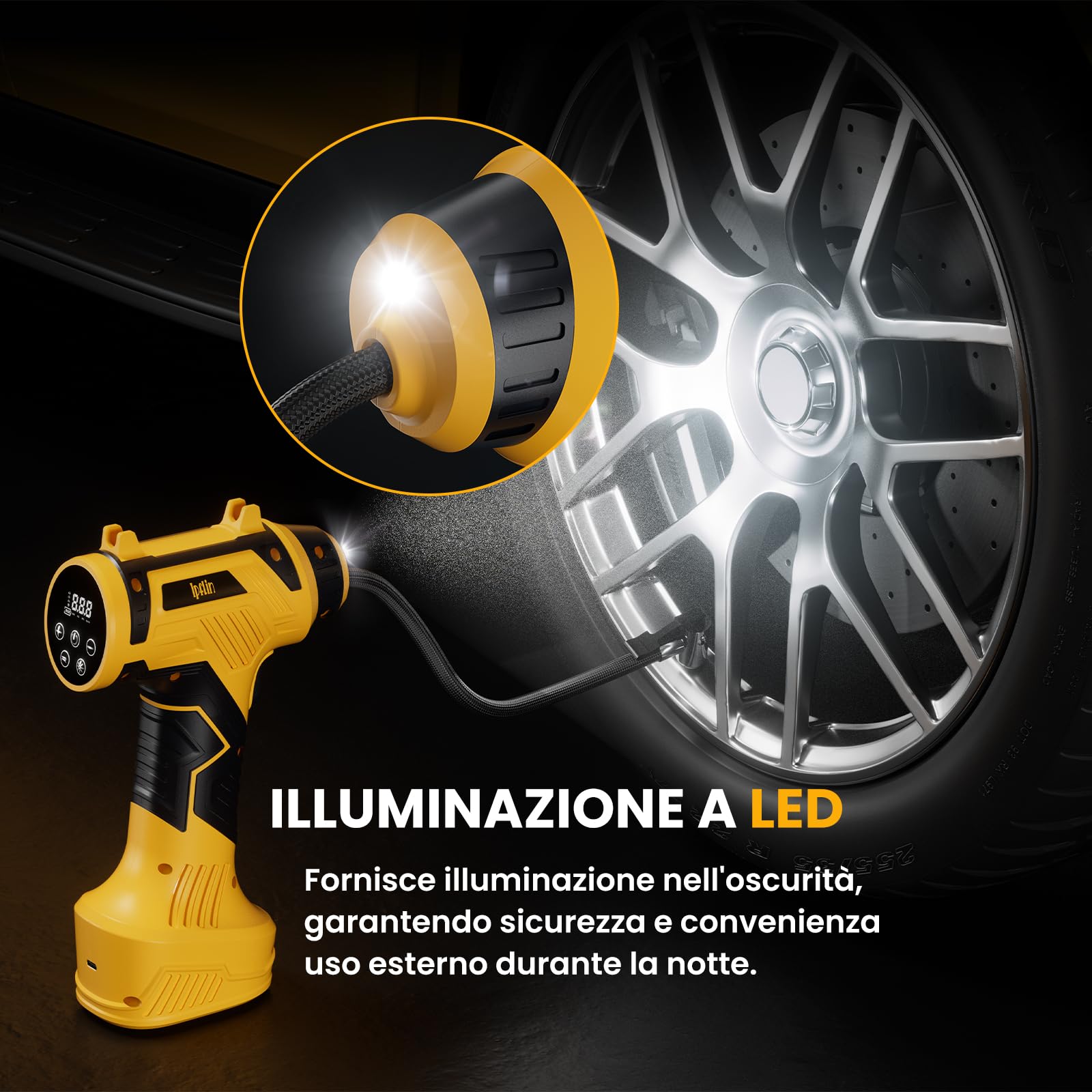 Compressore Aria Portatile Senza Fili – 150PSI 22L/Min Gonfiatore Pneumatici per Auto, Batteria Ricaricabile con Spegnimento Automatico, Display LED e 4 Modalità: Auto/Bici/Moto/Palloni