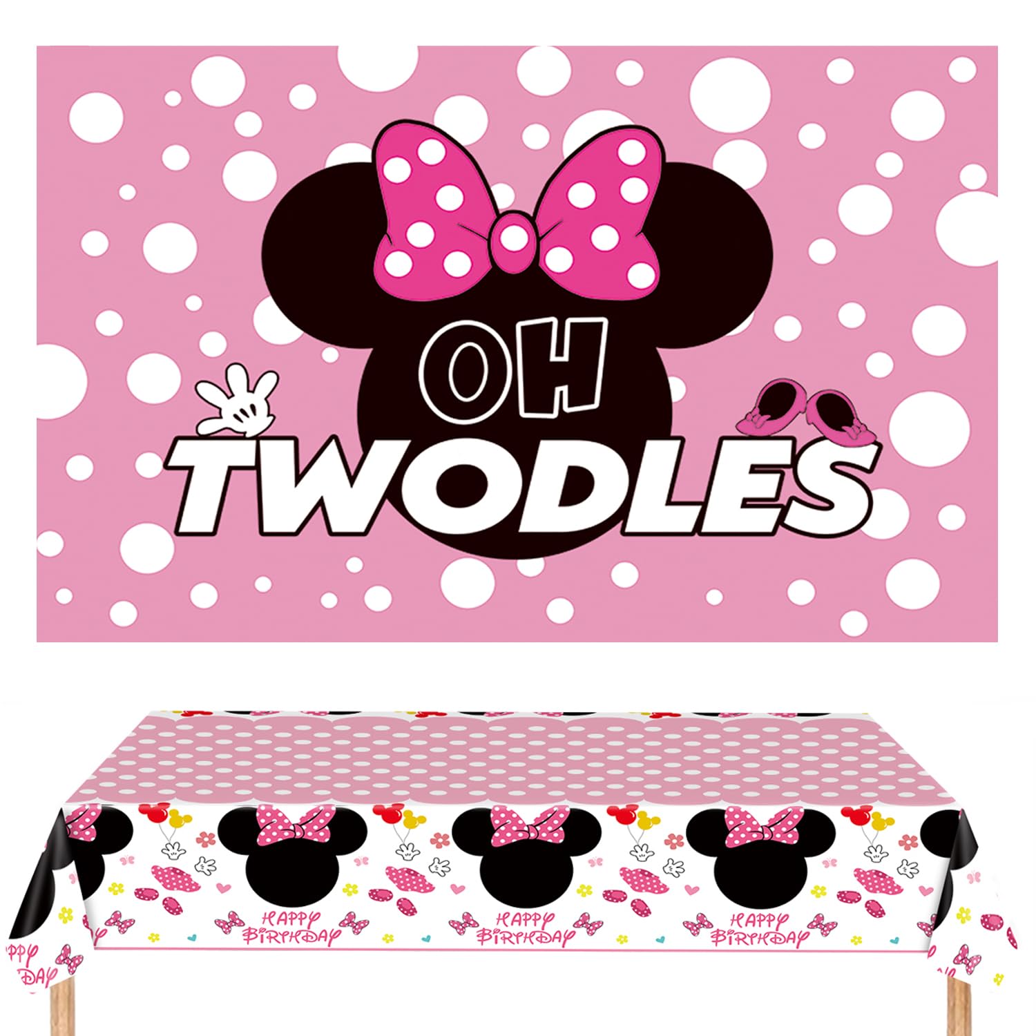 Oh Twodles Backdrop Party Decorations, Pink Palka Dot Backdrop Birthday Banner with Disposable Tablecover Set, Cartoon Photography Background and