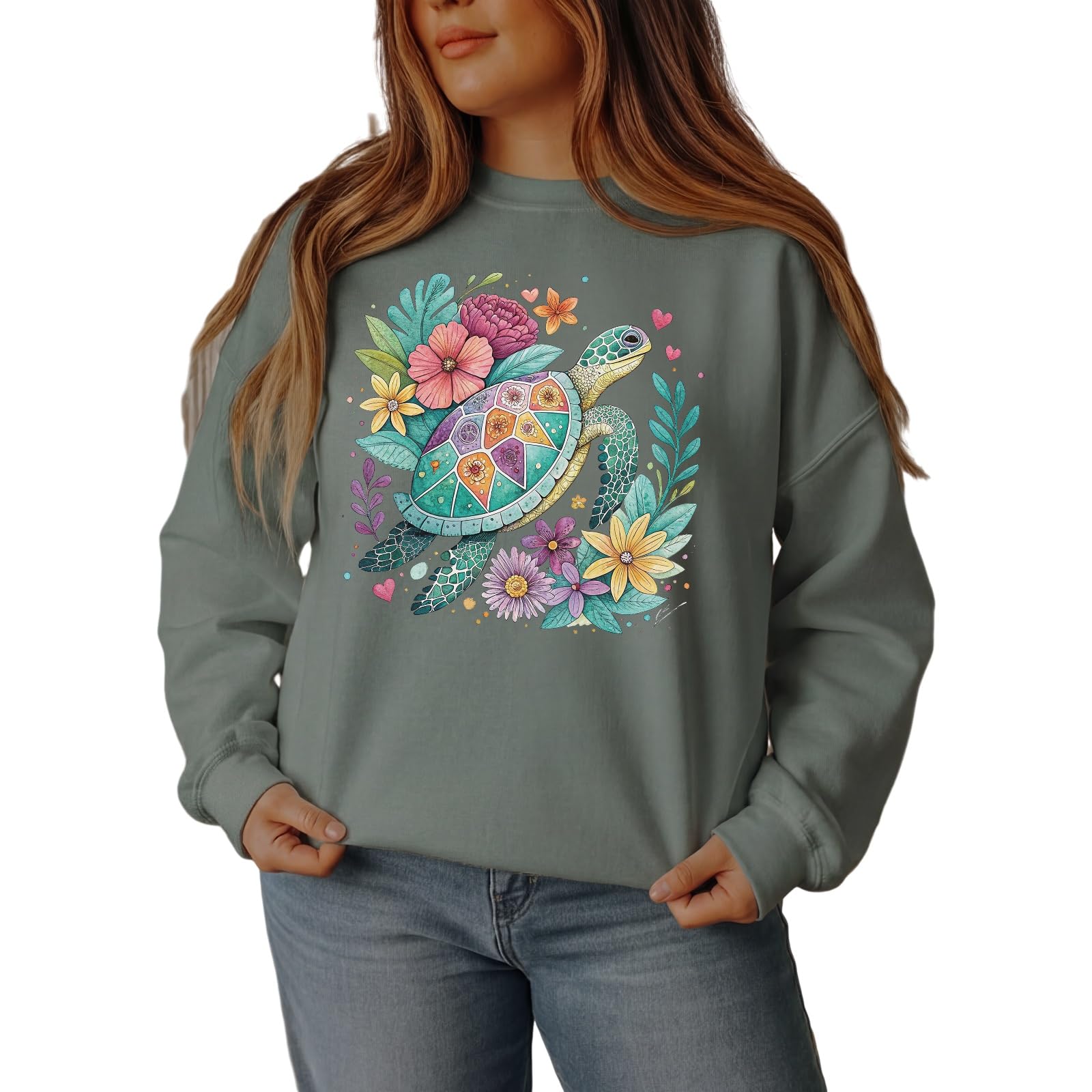 Ivexla Women's Green Floral Sea Turtle Nautical Ocean Animal Sweatshirt Coastal Style Flower World Graphic Crewneck Long Sleeve(,Xxl)