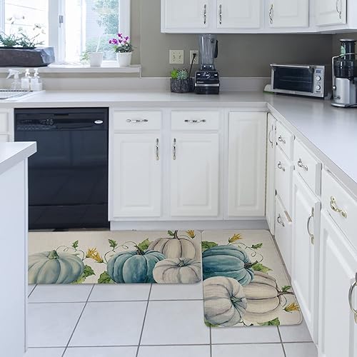 Miniatura 9 de Juego de 2 tapetes y alfombras de cocina de otoño con diseño de calabazas amarillas, blancas, doradas, rústicas, lavables, absorbentes, antifatiga,