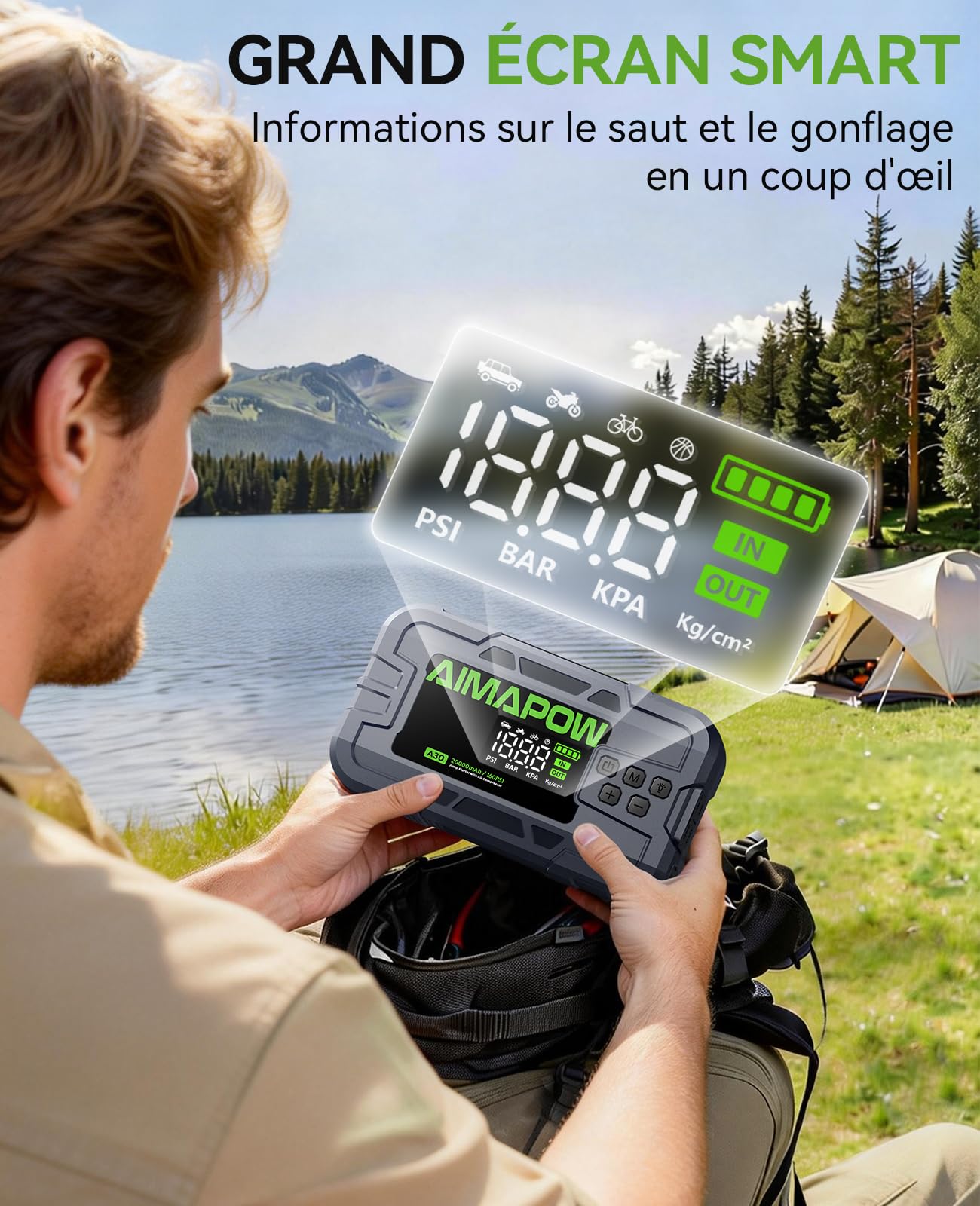 AIMAPOW Booster Batterie Voiture 12V 9000A avec Compresseur 160 PSI, Démarreur Portable 2-en-1 pour Essence et Diesel Jusqu’à 12L, Gonfleur Pneus Auto-Stop, Écran LCD, Pinces Intelligentes, LED 600LM