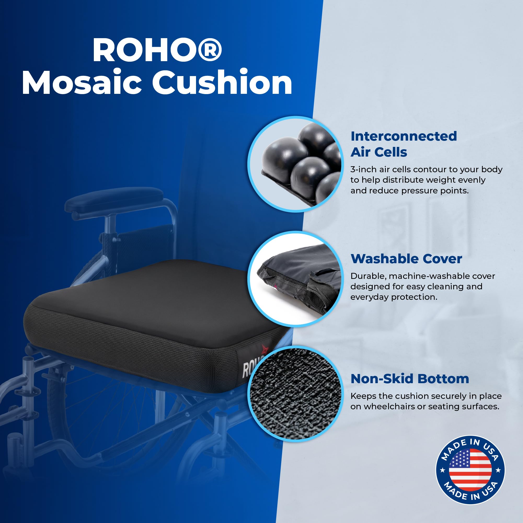 Roho Mosaic 1616HD Cojín de asiento hinchable para sillas de oficina y sillas de ruedas, cojines ajustables con funda resistente al agua, 40,64 x 40,64 cm., 18" Wide x 16" Deep - Heavy Duty, 1