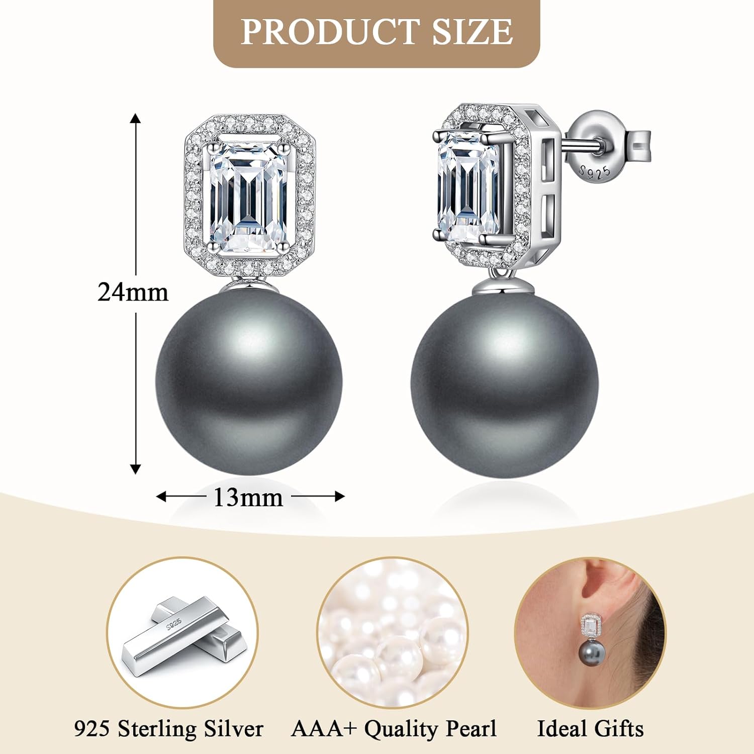 925 Sterling Silver Pearl Earrings for Women, 12MM Simulated Pearl Jewelry Gift for Her - Image 5