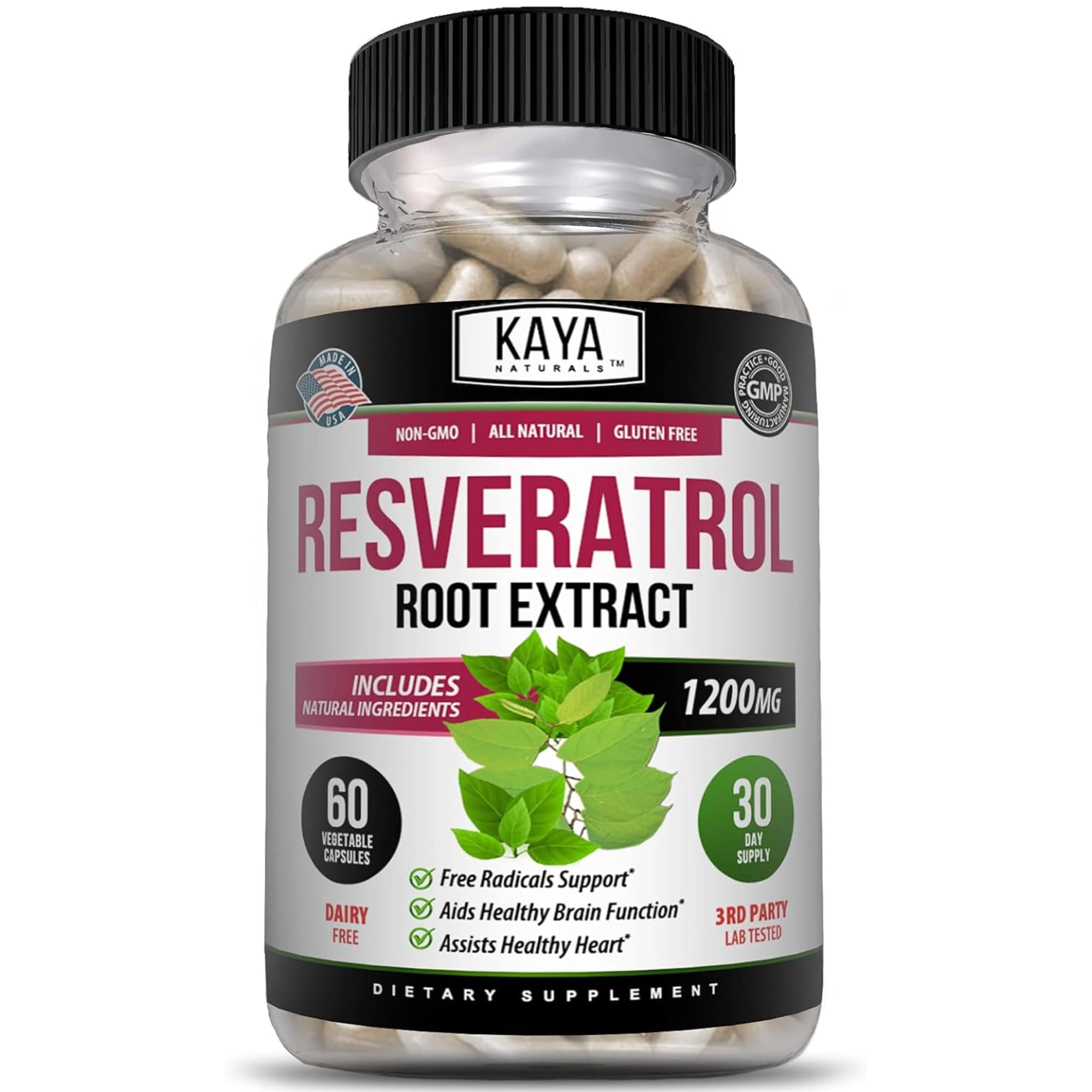Resveratrol Capsules - Anti Aging Supplement - Antioxidants with Brain Support - Maximum Benefits - 60 Veggies Capsules