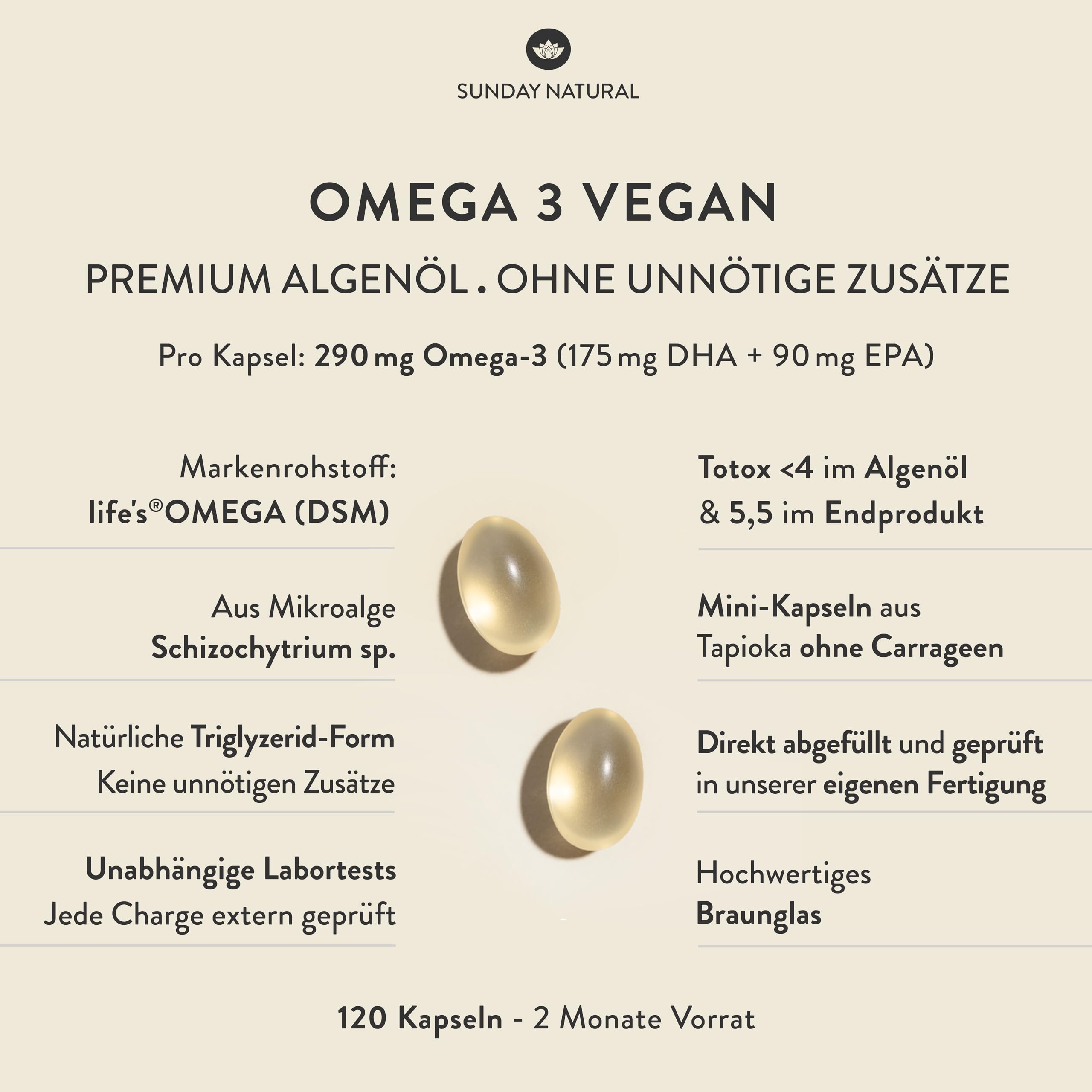 SUNDAY NATURAL® Omega 3 Vegan - 120 Softgel Kapseln - 1.000 mg Algenöl pro Tagesdosis: 350 mg DHA und 180 mg EPA (2 kapseln) - Leicht schluckbare Omega 3 Kapseln - Laborgeprüft