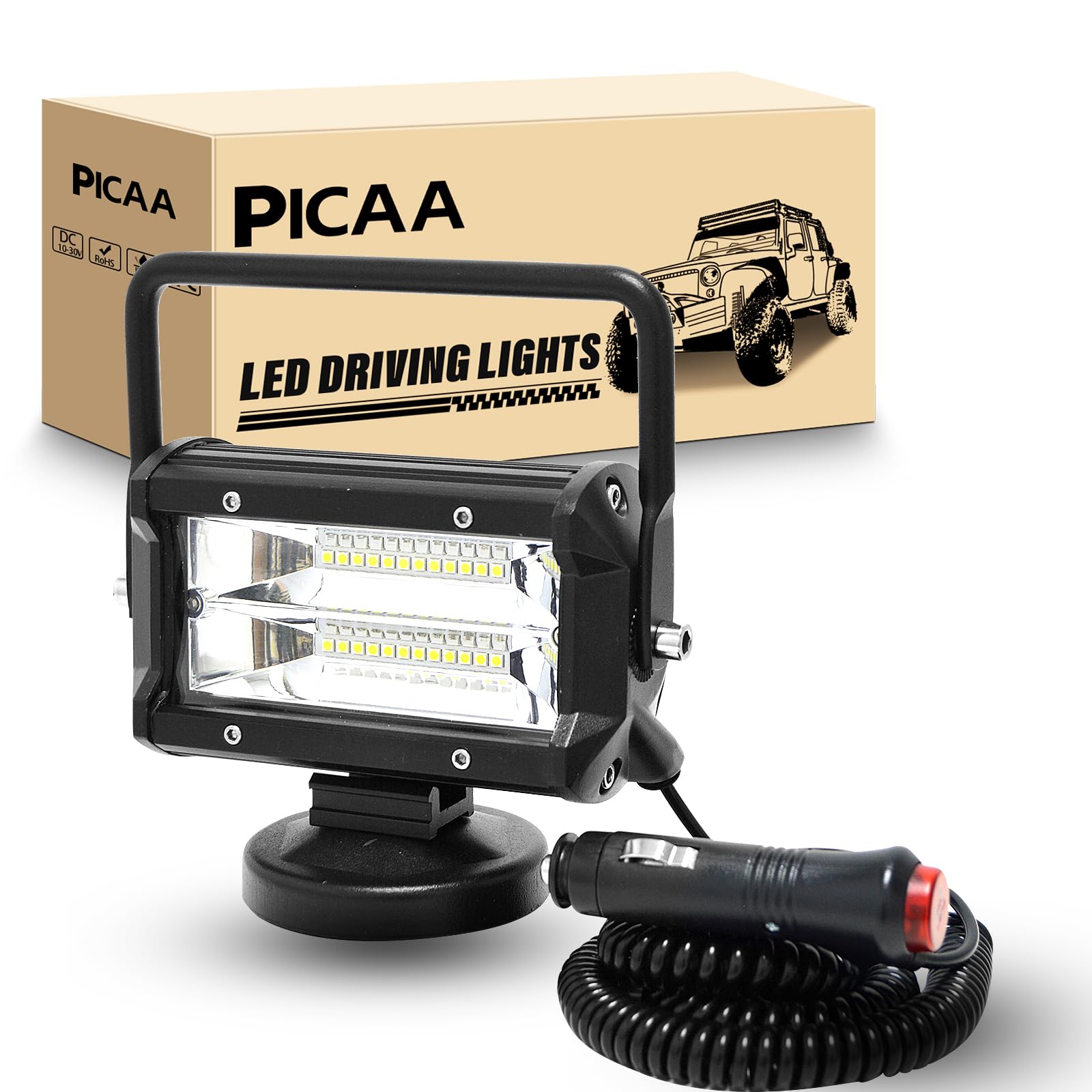 PICAA LED luz de trabajo 5 pulgadas 72W Imán portátil 12V 24V Luz de inundación Luz de trabajo impermeable Base magnética LED Faro para Tractor Remolcador Carretilla elevadora ATV Camión Offroad 4x4